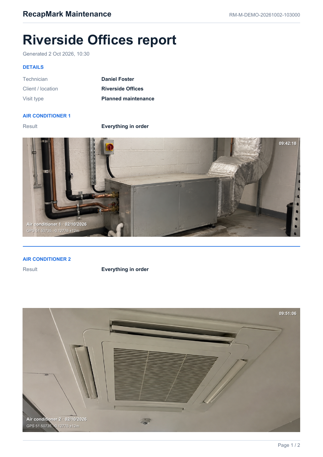 First page of the sample maintenance report