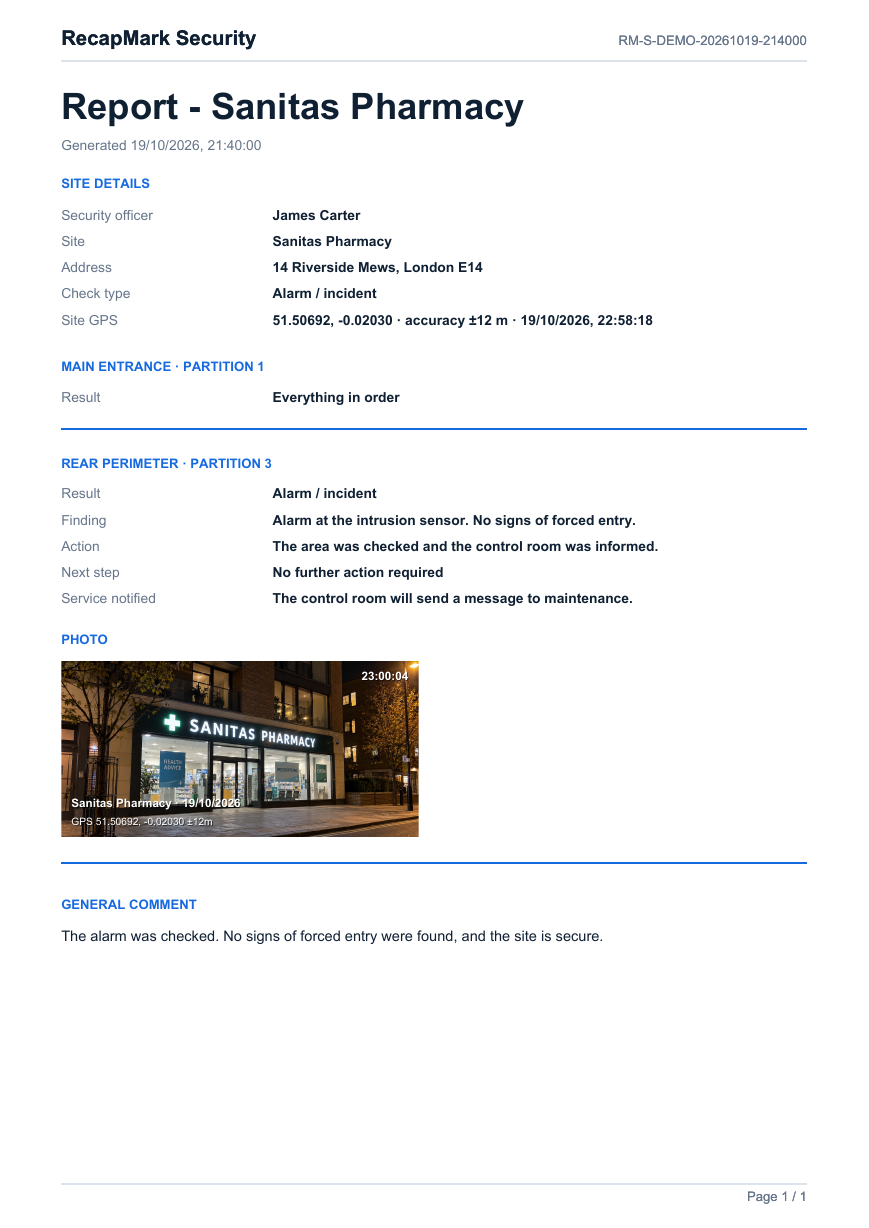 First page of the sample security report
